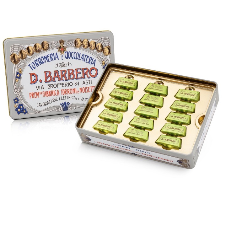 Scatola in metallo tortora con all'interno i pistacchiotti